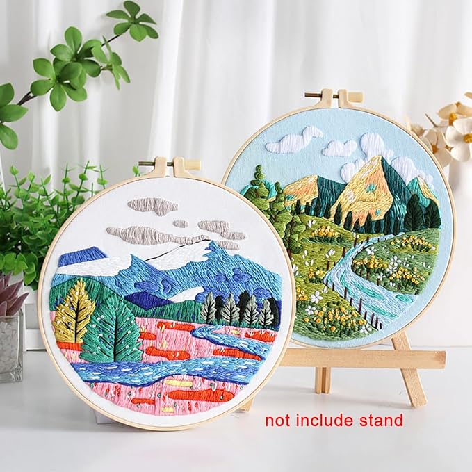 Konrisa 3 Pcs Landscape Embroidery Kits, Mountain Flower Village Pattern Cross Stitch Kit, DIY Sewing Practice Kits for Adults Home Decoration,Include Embroidery Cloth Threads and Needles,1pc Hoops