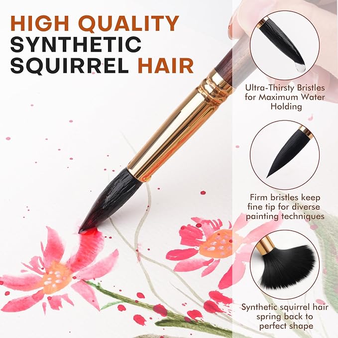 Watercolor Brushes Professional, Fuumuui 10Pcs Synthetic Squirrel Hair Water Color Paint Brush Set for Artists - Flat, Round Pointed, Dagger, Cats Tongue Oval Wash for Watercolor Gouache Inks Painting