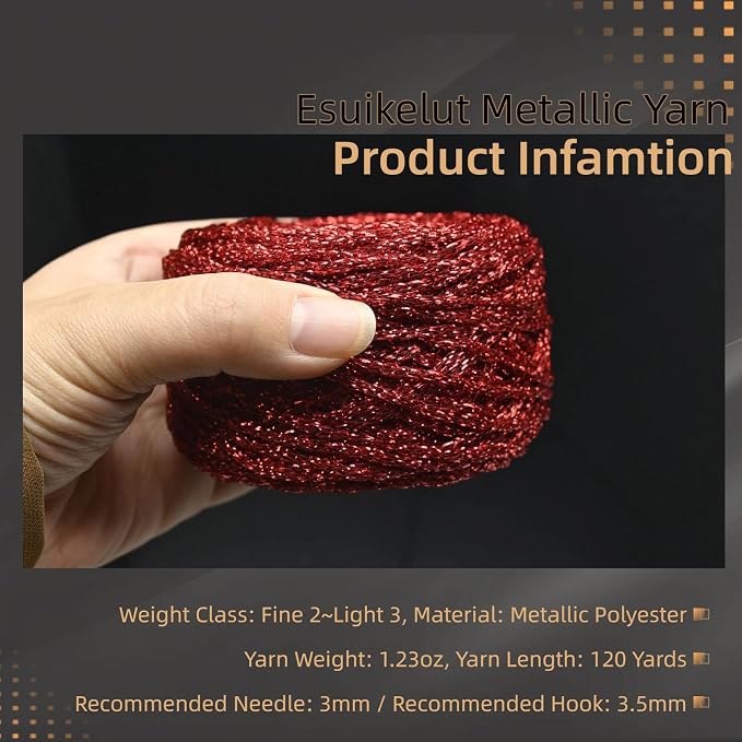 Metallic Glitter Yarn for Crochet & Knitting, Fine 2 Light Weight Worsted for Crochet Knitting, 35g 1.23oz, 120 Yards Soft Craft Sparkle Yarn (Red)
