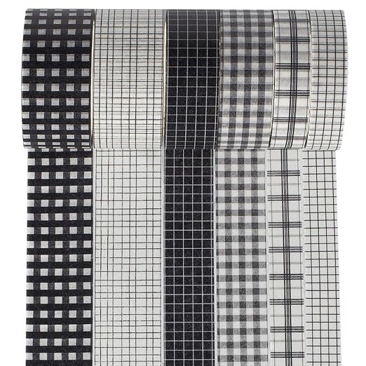 YUBBAEX 6 Rolls Plaid Washi Tape Set Basic Grid Masking Decorative Tapes for Arts, DIY Crafts, Journals, Planners, Scrapbooking, Wrapping (Black Plaid)