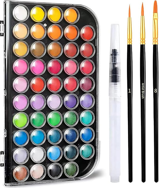 GETHPEN 48 Colors Watercolor Paint Set with 4 Brushes Pen, Travel Design | Washable Watercolor Kit with palette, 3 Brushes 1 Watercolor Brush Pens,Detachable Palette, Adults Students Artists