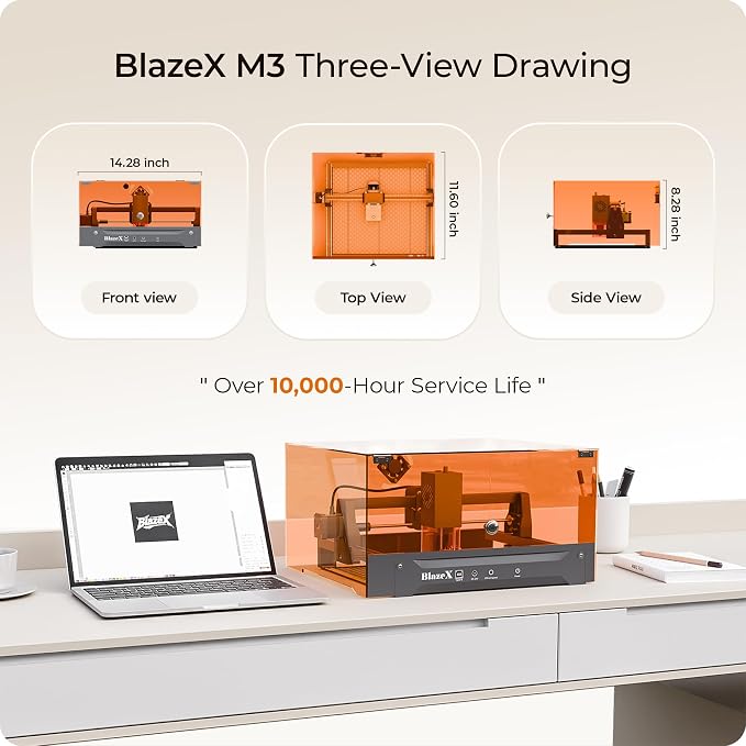 BlazeX M3 10W Laser Engraver Machine, 0.01mm Ultra-precision Laser Cutter and Engraver Machine for Wood Metal Glass Leather, Beginner-Friendly, with Enclosure Honeycomb Engraving Materials, Class 1