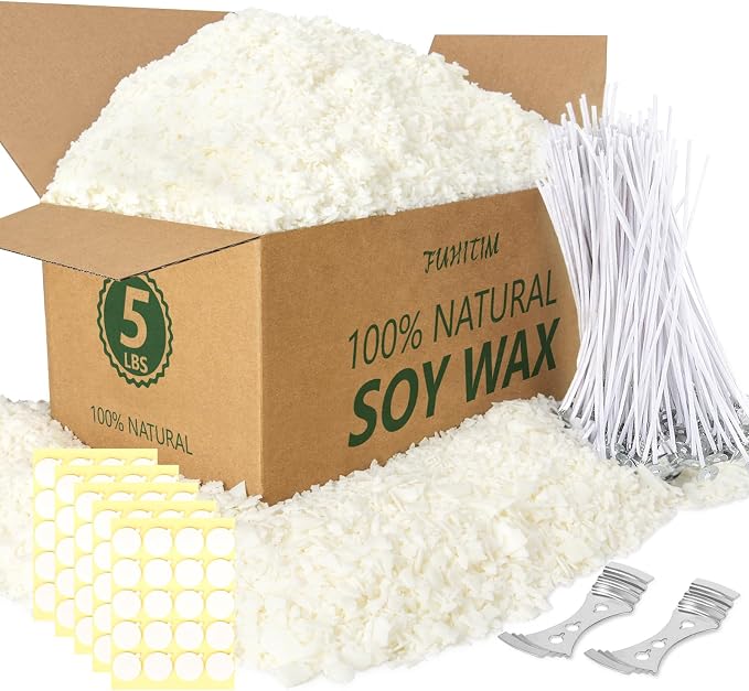 FUHITIM Soy Candle Wax for Candle Making 5 lbs Bag | Premium Natural Soy Wax Flakes, No additives and Pure, 100 Cotton Candle Wicks, 100 Wick Stickers, & 2 Centering Devices