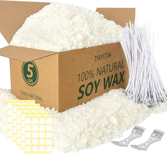 FUHITIM Soy Candle Wax for Candle Making 5 lbs Bag | Premium Natural Soy Wax Flakes, No additives and Pure, 100 Cotton Candle Wicks, 100 Wick Stickers, & 2 Centering Devices