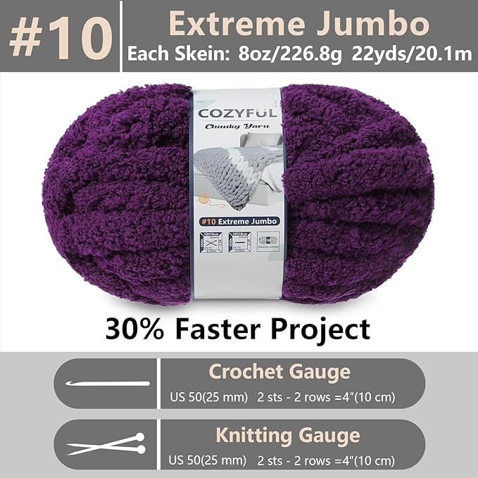Cozyful Chunky Yarn for Hand Knitting - #10 Chunky Chenille Yarn, Jumbo Big Thick Chunky Yarns for Crocheting, Super Bulky Chunky Knit Blanket Yarns, 8 Skein (22 yds 8 oz Each Skein), Dark Purple
