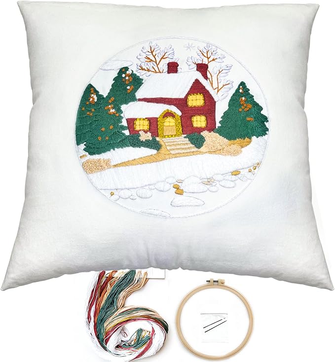 FONNUY Christmas Embroidery Kit for Beginners, Throw Pillow Case Cross Stitch Set Winter Snow House Holly Tree Pattern for Adults, Hand Works Crafts Throw Pillow Cover, 18 x 18'' (White)