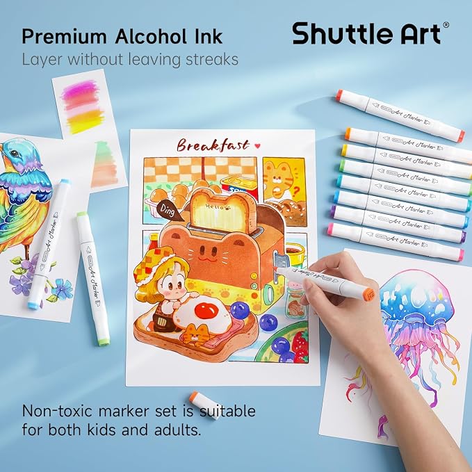 Shuttle Art 310 Colors Alcohol Markers, 309 Colors Dual Tip Art Marker Set Plus Colorless Blender, Micro-tip Pens, White Highlighter Pens, Marker Bag with Holders Perfect for Students Adults Coloring