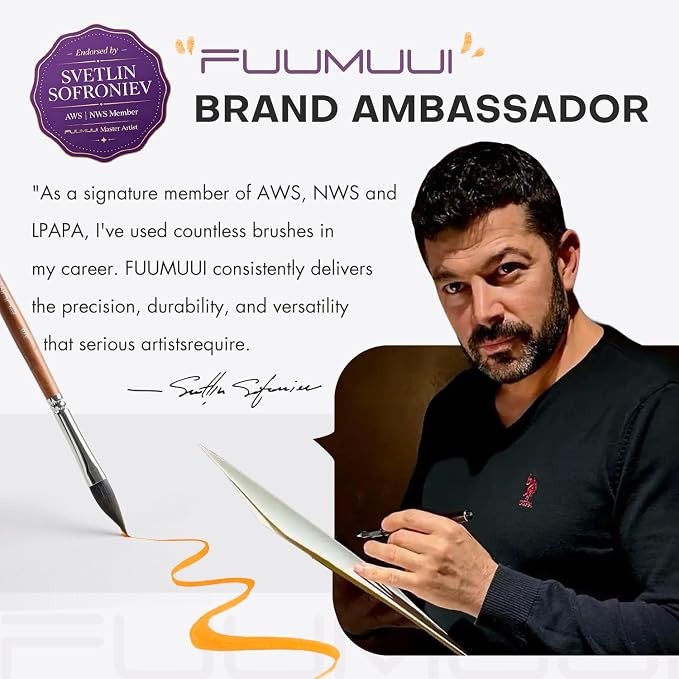 Fuumuui Professional Watercolor Brushes - 10Pcs Synthetic Squirrel Hair Paint Brush Set with Wide Flat, Round, Detail, Dagger, Cat's Tongue for Watercolor Gouache Inks Painting