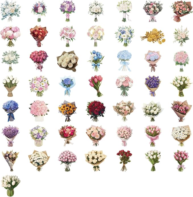 50Pcs Transparent Flower Bouquet Sticker Waterproof Vinyl Aesthetic Clear Floral Stickers for Scrapbooks,Laptops, Water Bottles Journals Girls Teens Adults Teachers Collectors DIY Lovers(Bouquet)