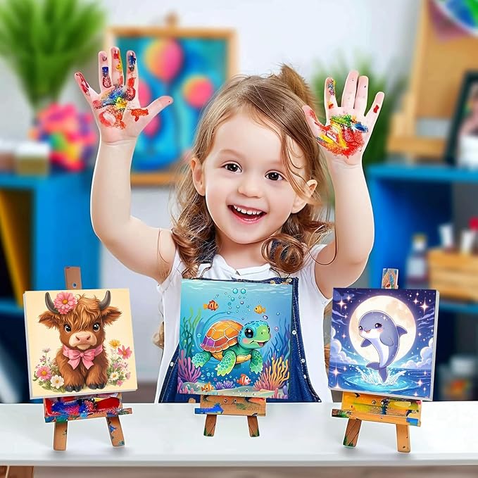 cviokrdu Turtles Paint by Numbers Kit for Kids with Frame - Wooden Easel, Sea Animals Paint by Numbers for Kids Ages 4 8 12, Easy Acrylic Oil Painting Kits for Home Wall Decoration 8x8 inch