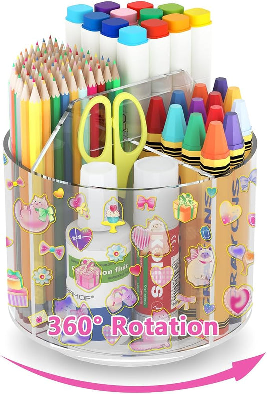 Acrylic Pencil Organizer for Desk Crayon Organizer with Adhesive Sticker | Rotating Art Supply Organizer with Kawaii Sticker, Spinning Marker Holder Organizer for Kids Small Lazy Susan with 4 Dividers