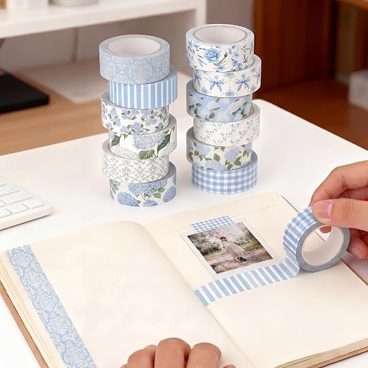 Gueevin 24 Rolls Floral Washi Tapes Set Scrapbook Supplies, Blue Hydrangea | 15 mm Watercolor Flower Washi Tapes, Back to School DIY Craft Arts, Junk Journaling Planner Gift Wrapping Supplies