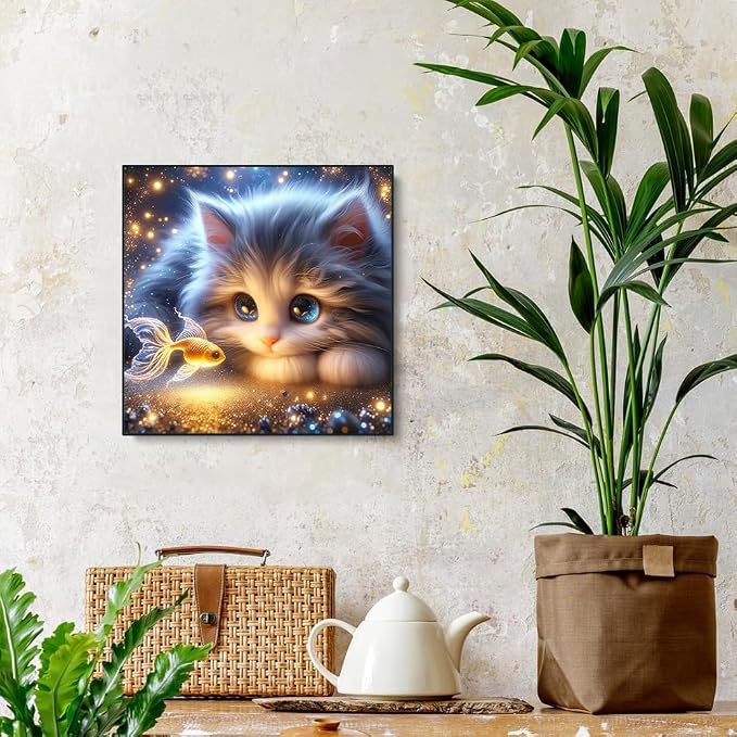 Cat and Goldfish Diamond Art Kits for Adults,Dreamy Diamond Painting Kit for Beginners, Round 5D DIY Dimond art,Full Drill Painting Kit Art and Crafts for Adults Home Wall Decor【13.8x13.8inch】
