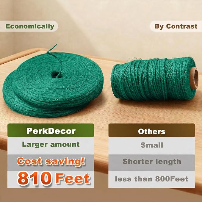 810FT Natural Jute Twine String Bulk Hemp Rope Cord for Crafts Gardening Gift Wrapping Wedding Décor Packing Material Burlap Ribbon Christmas Knitting Macrame Decoration (Green 2mm* 810ft)