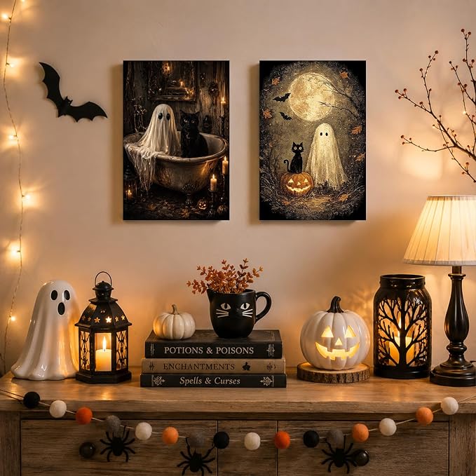 2 Pack Halloween Paint by Numbers Kit for Adults (Ghost&Cat, 8x12inch)