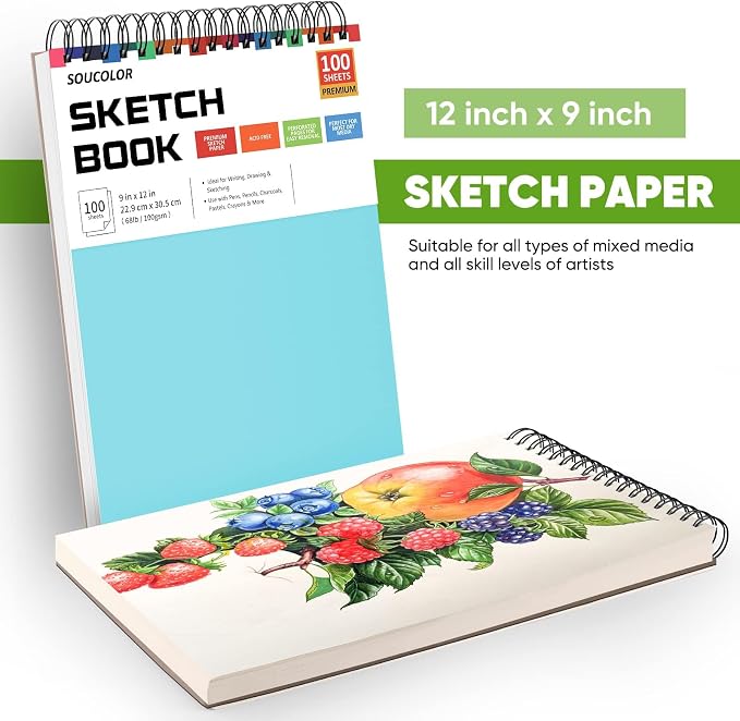 Soucolor Sketch Book 9x12,Thick Drawing Paper Pad School Art Supplies | 100 Sheets Thick 68lb/100gsm Acid-Free Paper,Blank Drawing Pad for Artists,Students,Kids,Notebook for Pencil,Charcoal,Pastel