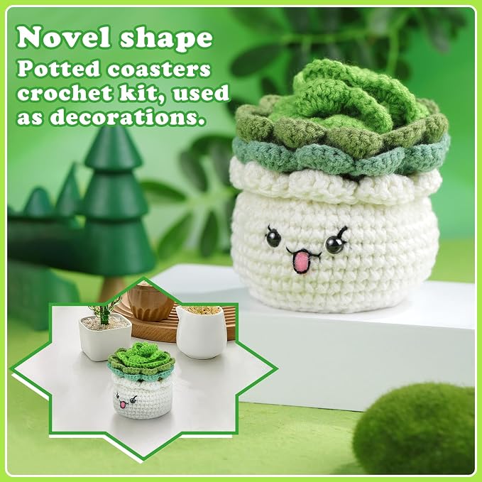 FTEVEN Crochet Kit for Beginners, 3PCS Coasters Potted Plants Crochet Kit