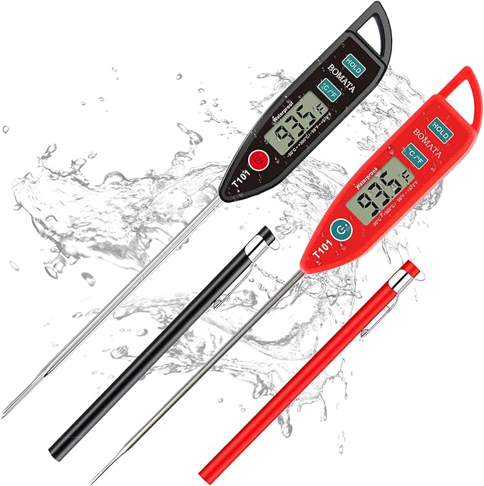 BOMATA 2 Pack Waterproof IPX7 Meat Thermometer, Food Thermometer | Instant Read, Long Probe, for Water, Liquid, Kitchen Cooking, Grill,BBQ ! T101 X 2 Pcs (Black & Red)…