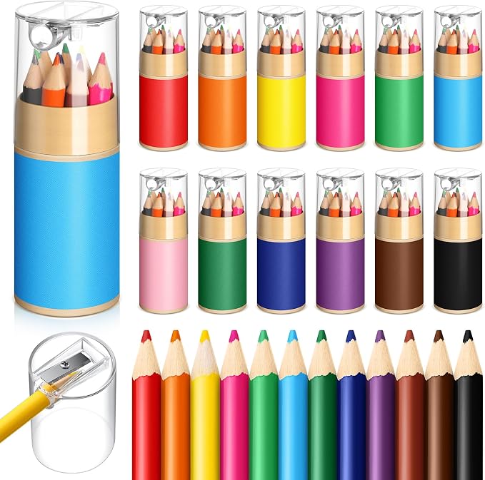 12 Sets Mini Drawing Colored Pencils Bulk with Sharpener, 3.5" Small 12 Colors Portable Travel Pencil Set for Easter Graduation Party Favors Supplies
