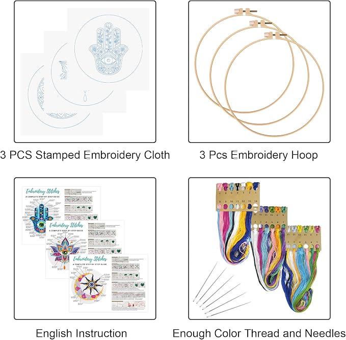 Louise Maelys 3 Pack Tarot Evil Eye Embroidery Kit for Beginners DIY Craft | Cross Stitch Kits Include Pre-Printed Fabric, Embroidery Hoop, Threads, Needles and Guide. Needlepoint Kit for Beginners