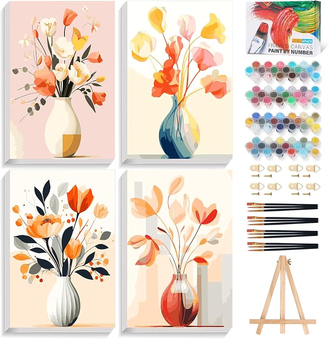 4 Pack Framed Paint by Numbers Kit for Adults with Wooden Easel, 8x12 Inch | Flowers Vase, Easy DIY Acrylic Canvas Craft Kit with Frame for Beginners, Home Decor, Stress Relief Relaxing Hobby Gift
