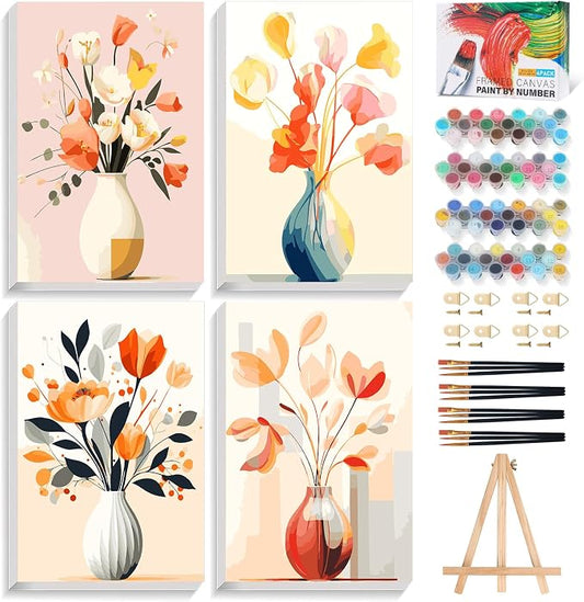 4 Pack Framed Paint by Numbers Kit for Adults with Wooden Easel, 8x12 Inch | Flowers Vase, Easy DIY Acrylic Canvas Craft Kit with Frame for Beginners, Home Decor, Stress Relief Relaxing Hobby Gift