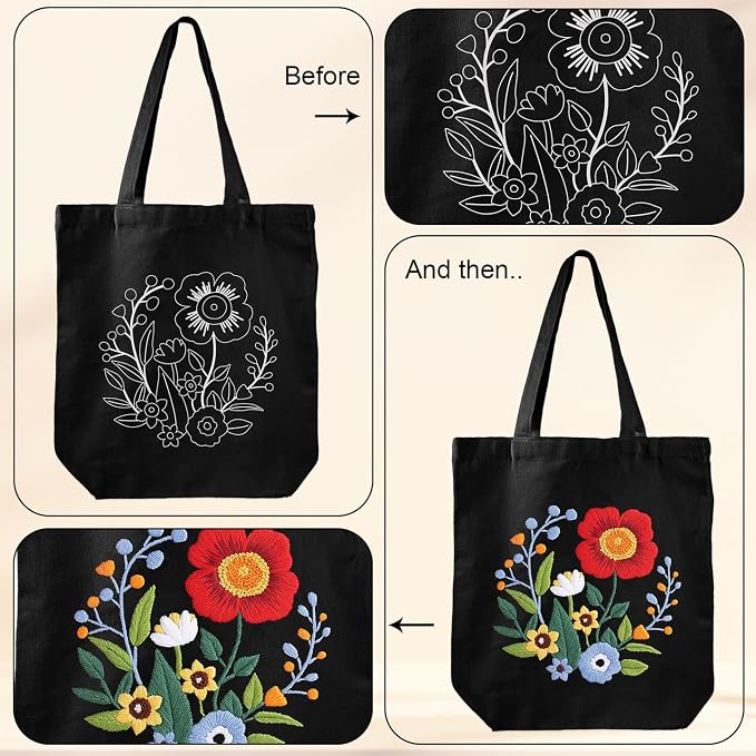 Louise Maelys Embroidery Kit Canvas Tote Bag with Floral Pattern DIY Crafts