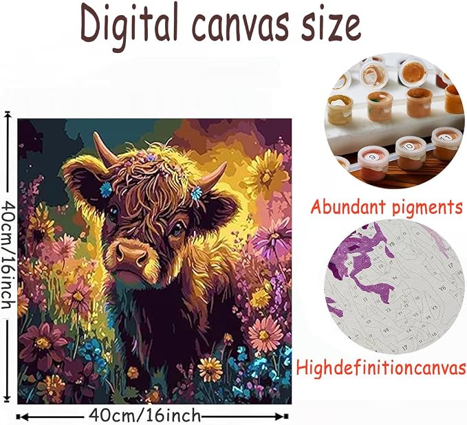 OJTOYART Highland Cattle Paint by Numbers Kit for Adults Beginners, Chrysanthemum Paint by Number Kits on Canvas, DIY Acrylic Oil Painting Kits for Home Wall Decor 16 x16 Inch