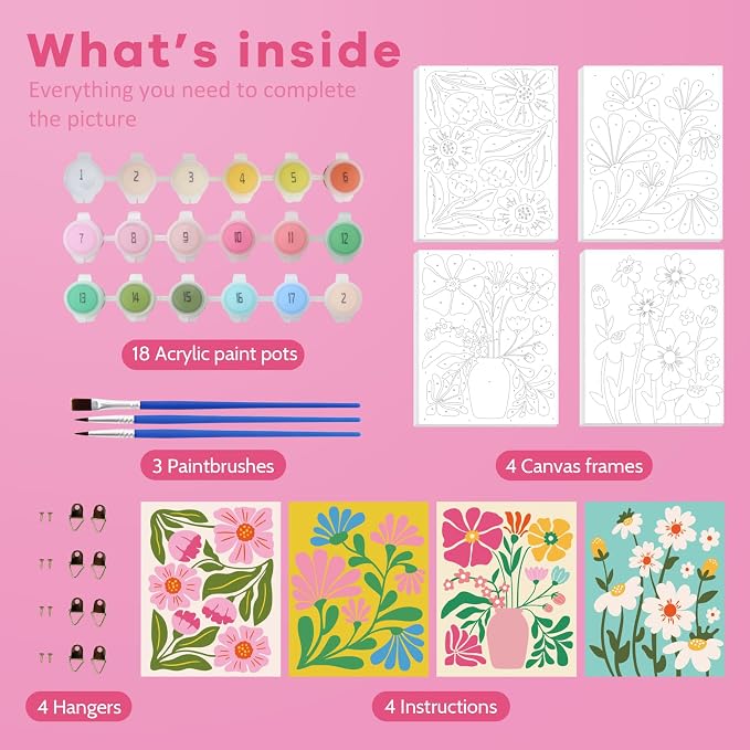 goldentime Easy Paint by Numbers Kit for Kids & Adults Beginner | Easy DIY Flowers Acrylic Oil Painting on Canvas with Frame | 4 Pack 8x10 Inch Framed Paint by Number Canvas Kits for Home Wall Décor