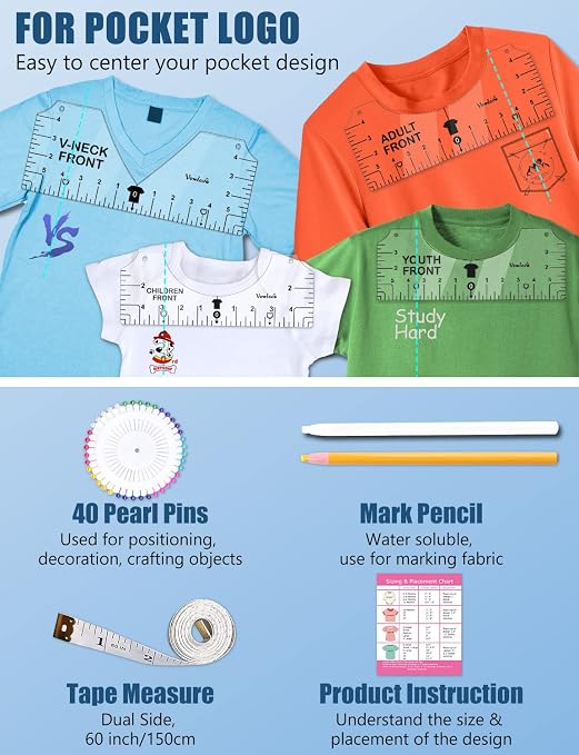 Vowlove T-Shirt Alignment Ruler for Shirt Measurement and Design Placement | Front and Back Placement Guide for Cricut, Heat Press, Iron-On Vinyl, Htv, Dtf and Sublimation Projects