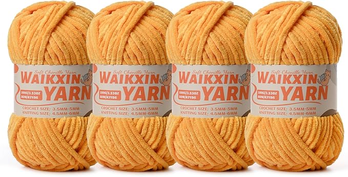 （4 Golden Yellow） 4 Pack Super Soft Fuzzy Chenille Chunky Yarn for Crocheting, 400g (350yds) Velvet Fluffy Amigurumi Yarn for Hand Knitting Baby Blankets Weaving Craft