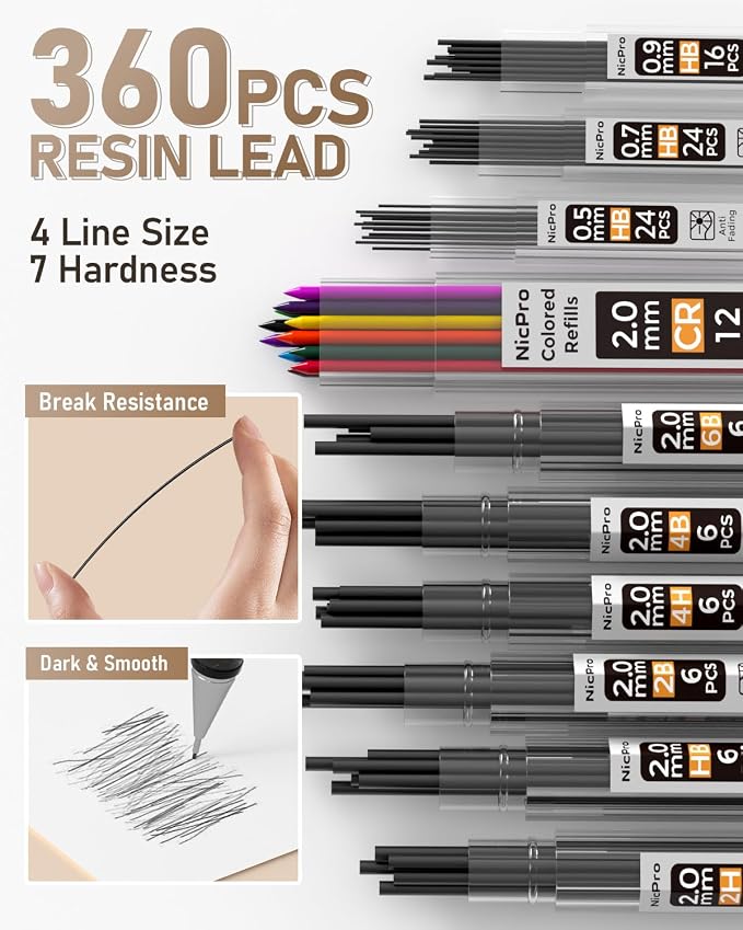 Nicpro 35PCS Art Mechanical Pencil Set, 3 PCS Metal Drafting Pencil | 0.5 & 0.7 & 0.9mm & 3 PCS 2mm Lead Holder (6B 4B 2B HB 2H 4H Colors) For Sketching Drawing With 20 Tube Lead Refills Case