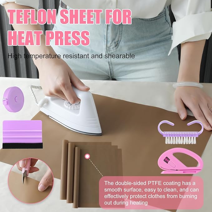 XEUZK Sublimation Shirts Tool Kits With 8 T Shirt rulers, 3Pack Teflon Sheet for Heat Press 12*16in, Heat Resistant Gloves & Silicone Bumps, 2 Rolls Heat Resistant Tape & Sublimation pencil (Violet)