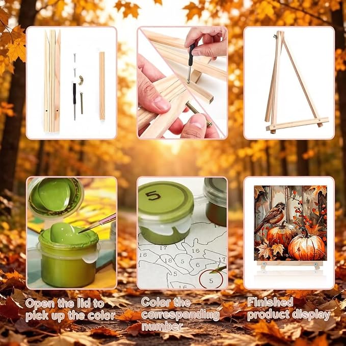 LWZAYS 6 Pack Fall Paint by Numbers Kit for Adults with Frame, Easy Autumn Paint by Number for Adults Beginner with Wooden Easel, DIY Painting by Numbers Canvas Framed for Home Decor 8 x 8 Inch