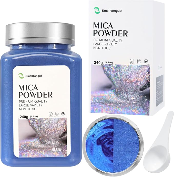 Mica Powder, Blue, 240g with Scoop, Complies with ASTM D-4236 | For Epoxy Resin, Soap, Bath Bomb, Candle| Safety Material| Odorless| Brilliant Colors
