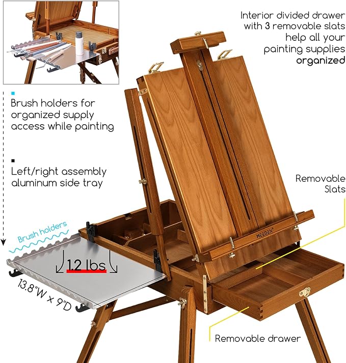 MEEDEN Portable French Easel for Painting: Beech Wood Plein Air Art Easel | Wooden Sketchbox for Outdoor Travel - Studio Art Easel Stand with Metal Side Tray - Holds Canvas up to 34"- Walnut