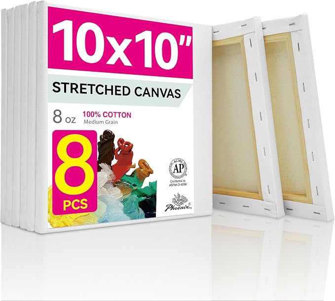 PHOENIX Square Canvas for Painting - 10x10 Inch/8 Value Pack, 8 Oz Triple Primed 5/8 Inch Profile 100% Cotton White Blank Canvas, Stretched Framed Canvas for Oil Acrylic