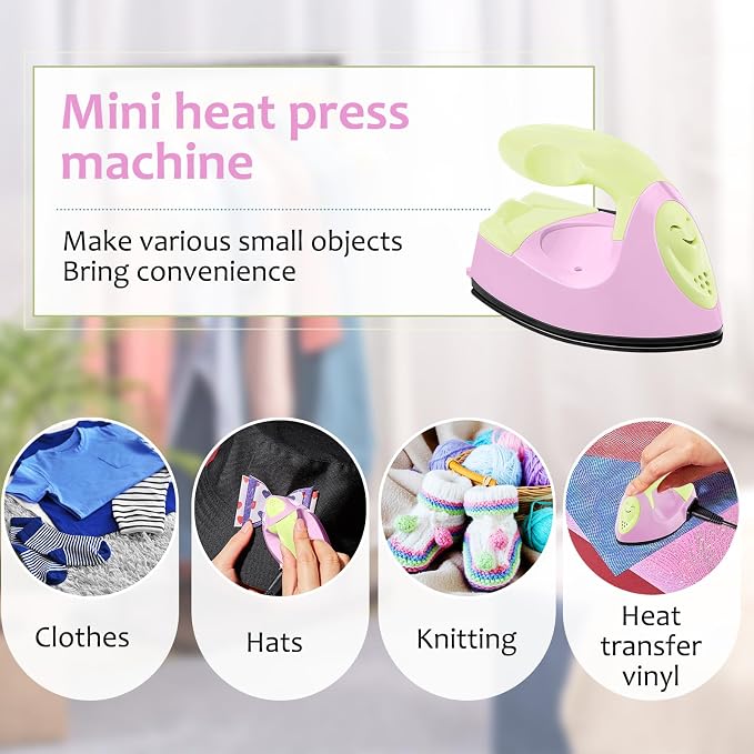 Honoson Mini Craft Iron Mini Heat Press Small Iron 3.93 x 2.36 x 2.76 Portable Tiny Flatiron with Charging Base Accessory for Fuse Bead Patch DIY Heat Transfer Vinyl (Light Yellow, Light Pink)