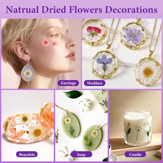 NESCCI 247 Pcs Dried Flowers for Crafts,Real Natural Dried Pressed Flowers in Soft Yellow & White Tones for Resin,Used for Scrapbooking DIY Art Crafts Candle Soap Making Nails Décor