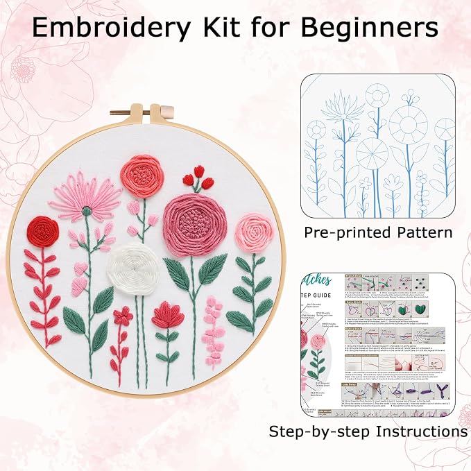 Nuberlic Floral Embroidery Kit for Beginners Adults | Easy Embroidery Kits for Adults Starter Cross Stitch Kit DIY Needlepoint with Step-by-Step Instruction,Gifts and Home Decor