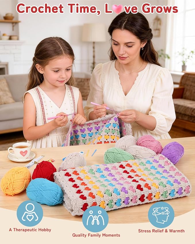 Arborthread Blanket Crochet Kit for Beginners, Crochet Heart Blanket Kit w/Premium Yarns, Detailed Video & Instructions for Adults & Kids – Featuring a Colorful Rainbow Heart Pattern and Edging