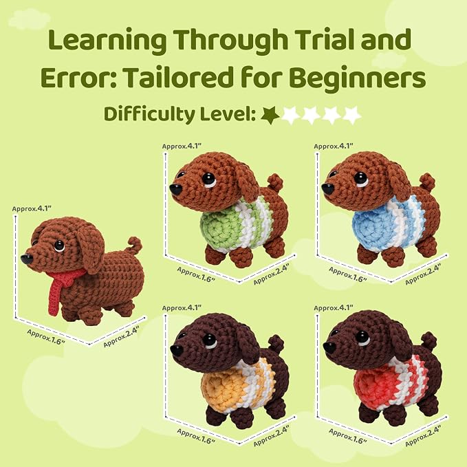 Mewaii Crochet Kit for Beginners, 5 Pack Dachshund Dog Craft Set | 40% Extra Yarn, Video Tutorial, Pre-Started Piece, Beginner Friendly, Family Craft Gift for Adults & Kids