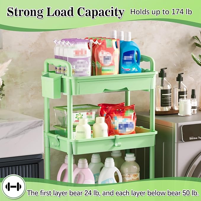 SUNALLY 4 Tier Rolling Cart with Drawer, Craft Storage Cart Organizer,Green