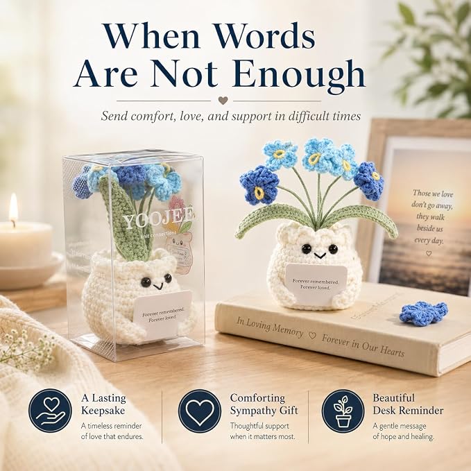 Handmade Crochet Forget Me Not Flower Pot Sympathy Gifts for Loss | Grief Support Gift, PET gift box, Meaningful Blue Forget Me Not Flower, Memorial Gift, Home & Desk Decor Gift Idea