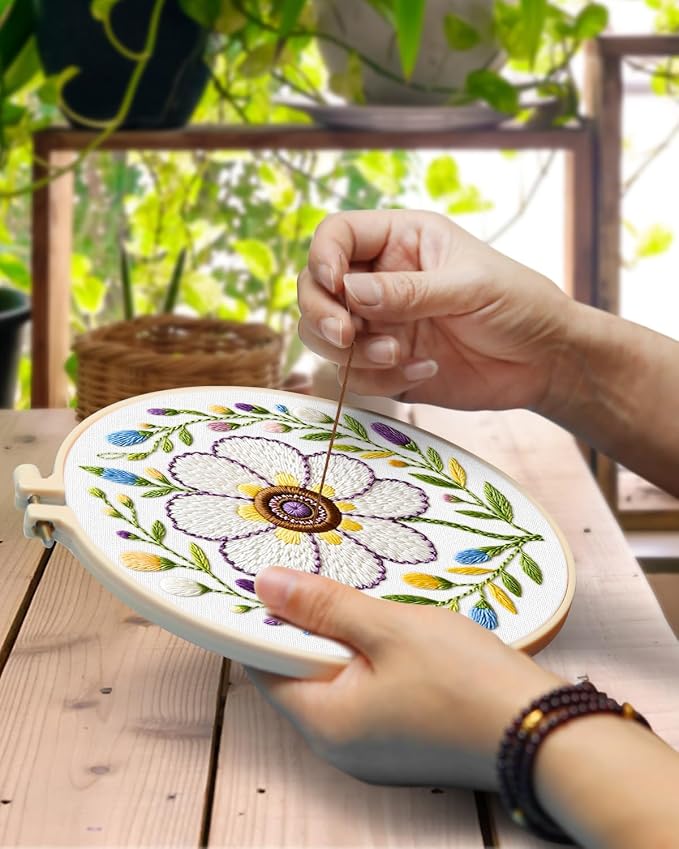 TINDTOP Embroidery Kit for Adult, 3 Pack Embroidery DIY Starter Kit, with Stamped Patterns, Hoop, Tools, Colorful Threads with Needles, Instructions (Flower Cup) | with Stamped Patterns, Hoop, Tools, Colorful Threads with Needles, Instructions (Flower ...