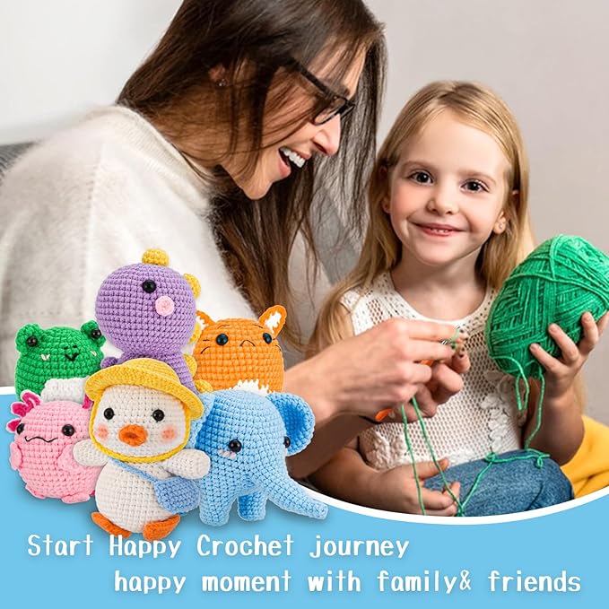 Gerute 6Pcs Crochet Kit for Beginners,Crochet Animal Kit with Step-by-Step Video Tutorial, Crocheting Kit for Starters, Beginner Crochet Kits for Adult Kid Women Men Complete Kit Included （40%+ Yarn