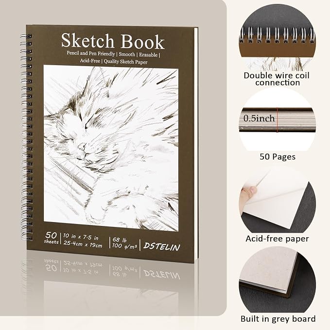 DSTELIN 10 x 7.5 Inch Sketch Book for Drawing, 50 Sheets 100GSM Acid-Free Thick Paper, Mix Media Spiral Bound Sketch Pad for Pencil and Pen