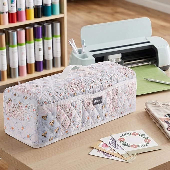 AMOIGEE Dust Cover for Cricuttt Maker 4 & Explore 4/3, Maker 3, Air 2, Quilted Protective Cover with Storage Pockets for Cutting Machine, Floral Fabric Anti-Dust Cover for Craft Machine Organizer