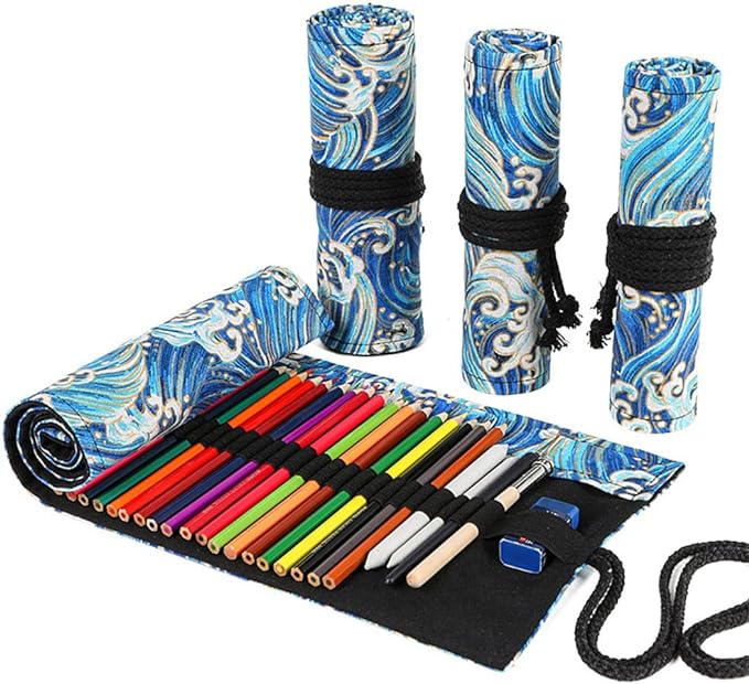DIYOMR 24/36/72 Slots Pencil Wrap Pencil Rolls, Artist Colored Pencils Roll Up Bag Short Brushes Pouch Case Pencils Organizer for Drawing Coloring and Sketching,No Pencils (Blue Ocean, 36slots)