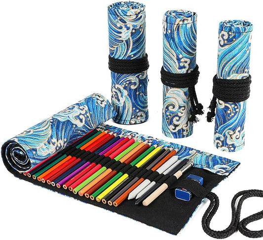 DIYOMR 24/36/72 Slots Pencil Wrap Pencil Rolls, Artist Colored Pencils Roll Up Bag Short Brushes Pouch Case Pencils Organizer for Drawing Coloring and Sketching,No Pencils (Blue Ocean, 24slots)